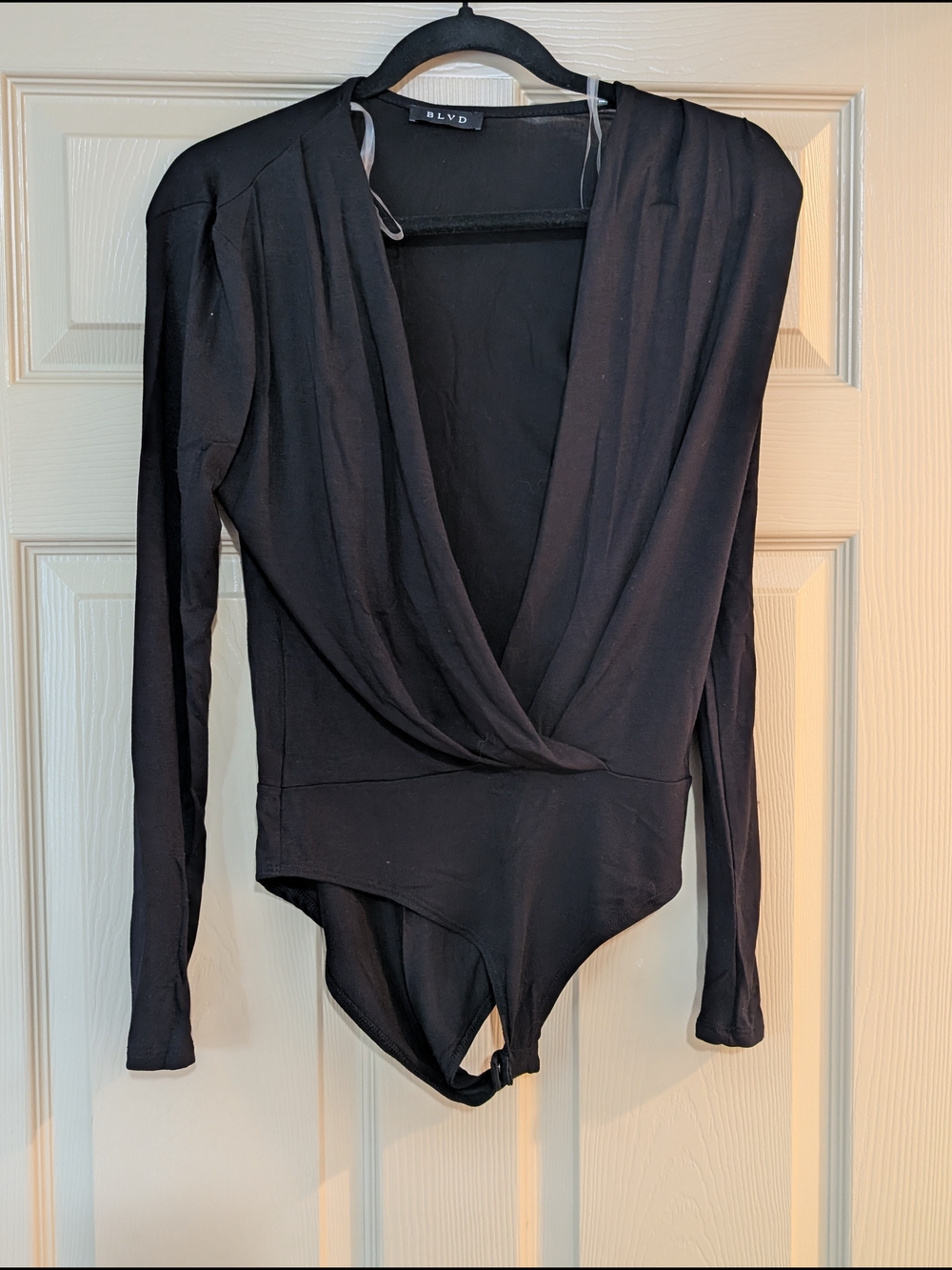 BLVD Black Long-Sleeve Deep V Surplice Bodysuit
